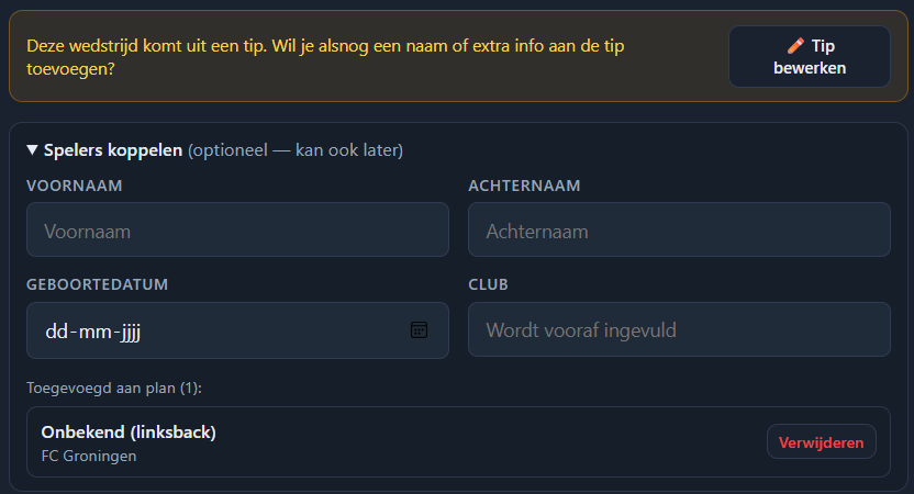 Wedstrijd inplannen vanuit een tip: spelers koppelen met vooraf ingevulde tip